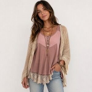 POL Henley Tank Top Medium Pink Mixed Media Ribbed Sleeveless Boho Festival